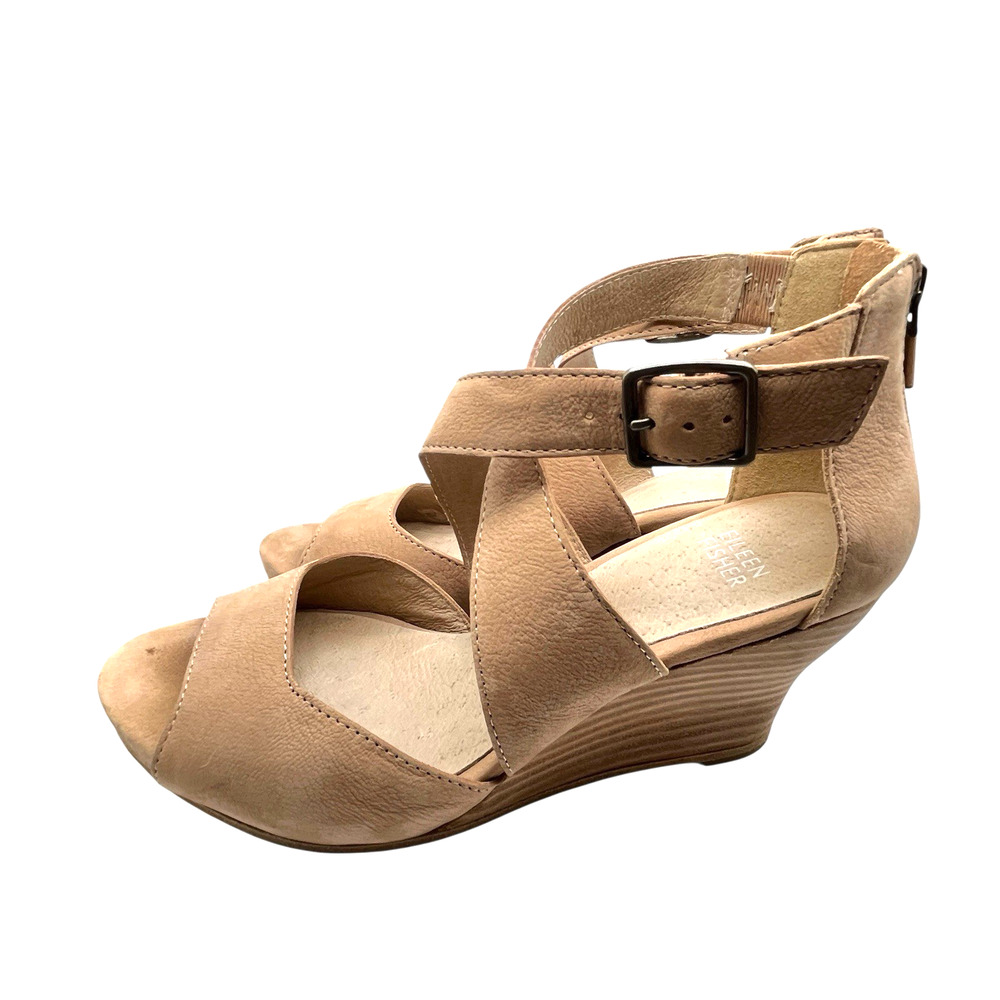 Eileen Fisher Carole Sandals Wedges Women Size 7 Tan Caramel Ankle Strap 3 Inch
